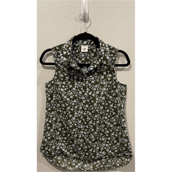 CABI Olive Green Sleeveless Keepsake Pressed Floral Blouse - Picture 1 of 5